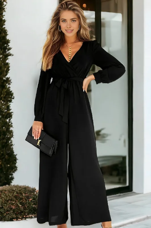 Cutout Back Belted V Neck Wide Leg Jumpsuit