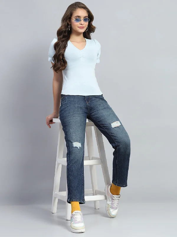 Women Blue Solid Mild Distressed Straight Fit Denim